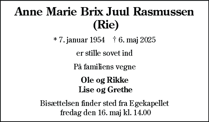 Dødsannonce for Anne Marie Brix Juul Rasmussen