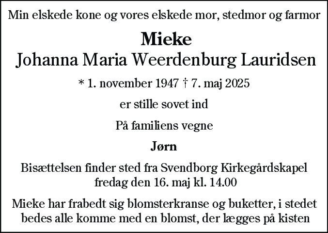 Dødsannonce for Johanna Maria Weerdenburg  (Mieke)  Lauridsen