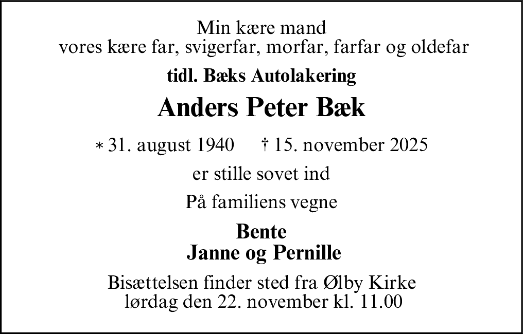 Dødsannonce for Anders Peter Bæk