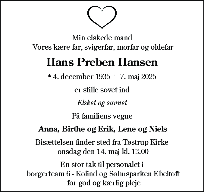 Dødsannonce for Hans Preben Hansen
