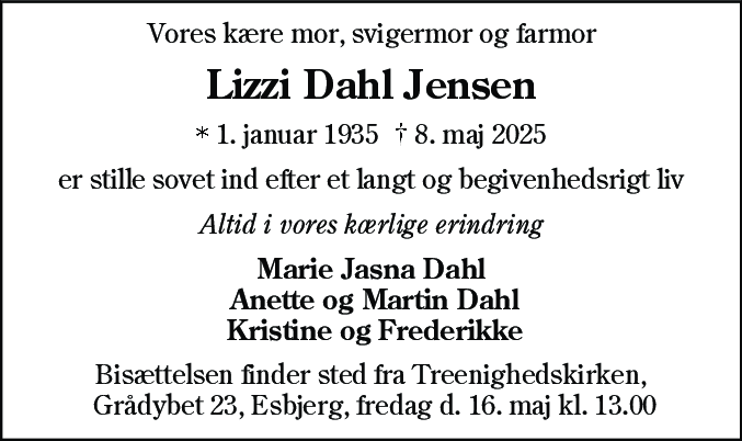 Dødsannonce for Lizzi Gerda Jensen