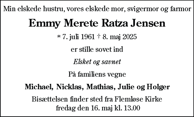 Dødsannonce for Emmy Merete Ratza Jensen