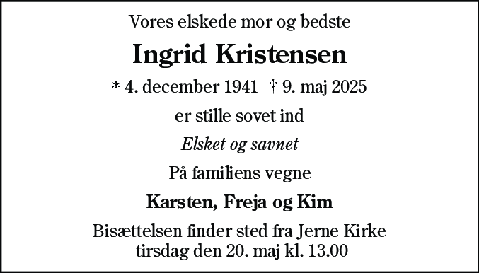 Dødsannonce for Ingrid Kristensen