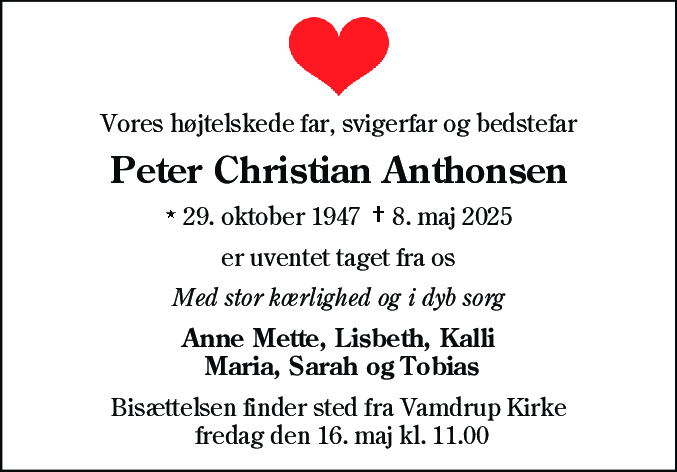 Dødsannonce for Peter Christian Anthonsen