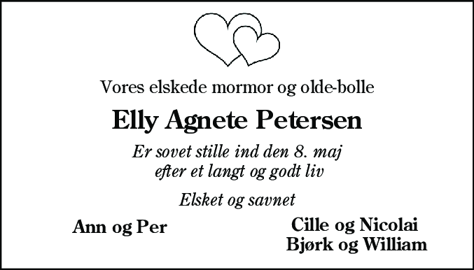 Dødsannonce for Elly Agnete Petersen