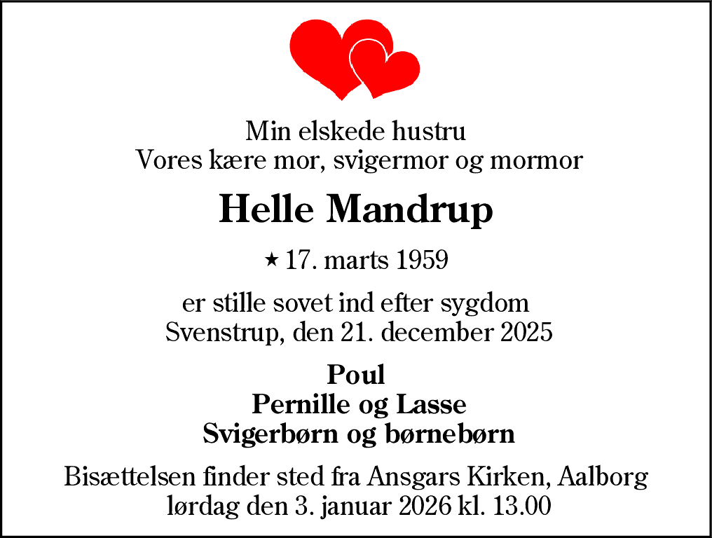 Dødsannonce for Helle Mandrup