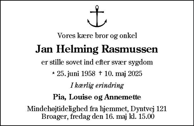 Dødsannonce for Jan Helming Rasmussen