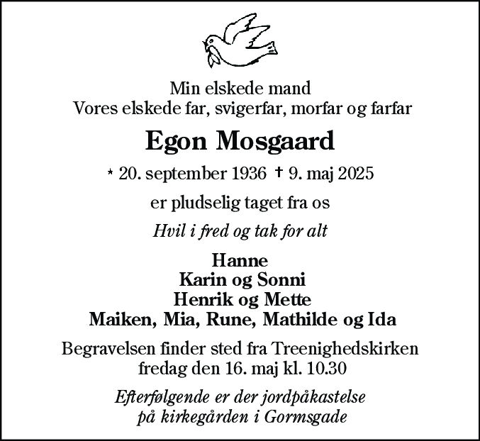 Dødsannonce for Egon Mosgaard