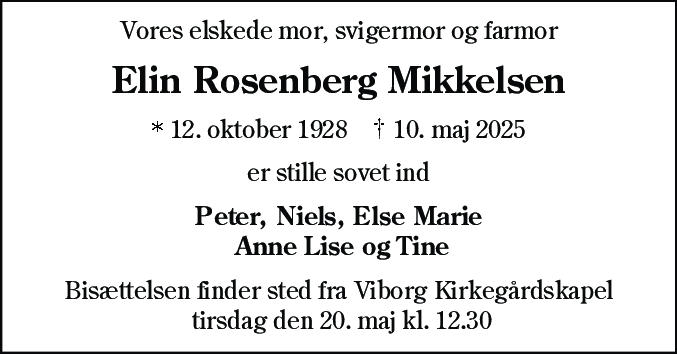 Dødsannonce for Elin Rosenberg Mikkelsen