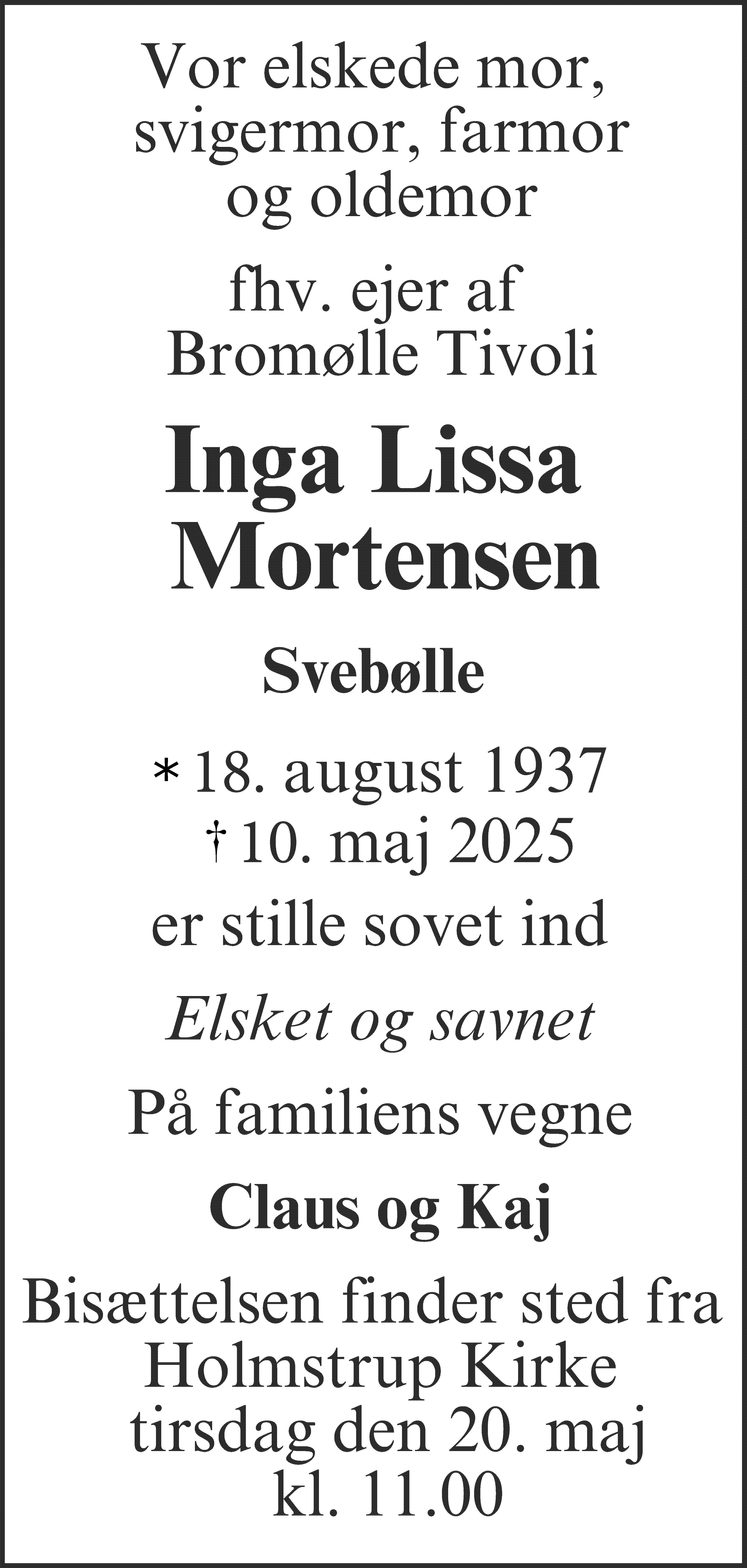 Dødsannonce for Inga Lissa Mortensen
