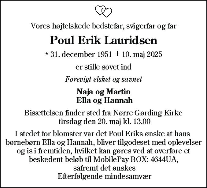 Dødsannonce for Poul Erik Lauridsen