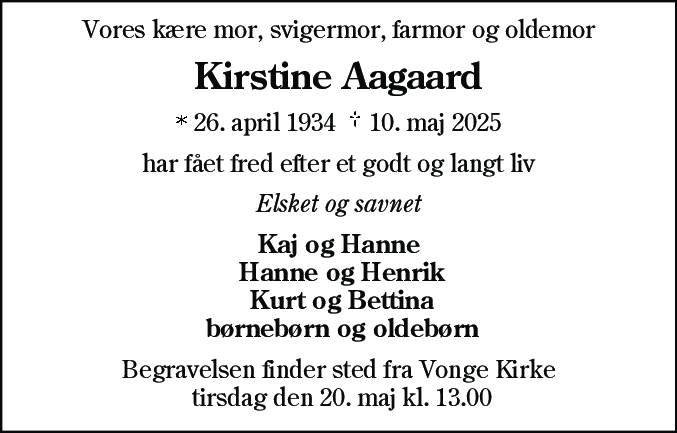 Dødsannonce for Kirstine Aagaard