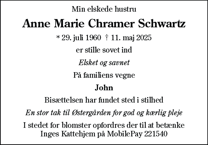 Dødsannonce for Anne Marie Chramer Schwartz