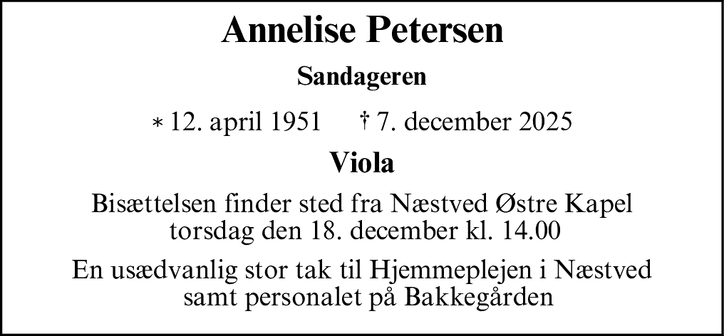 Dødsannonce for Annelise Petersen