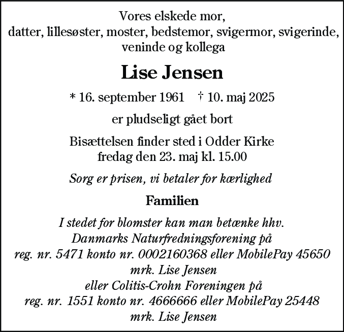 Dødsannonce for Lise Jensen