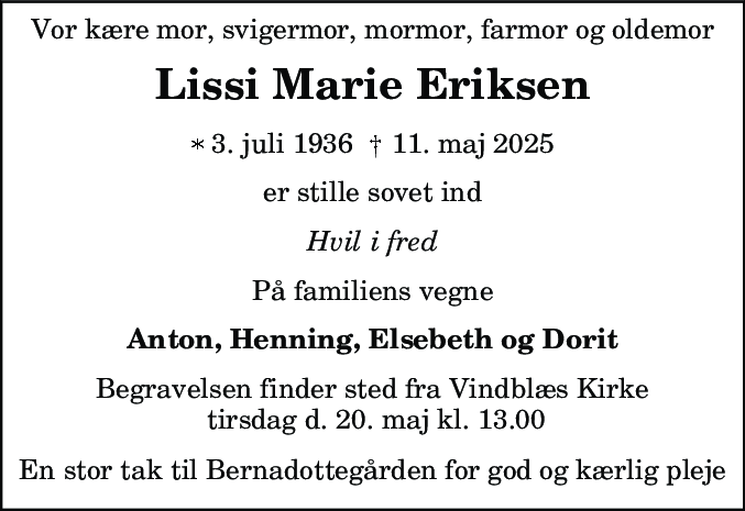 Dødsannonce for Lissi Marie Eriksen