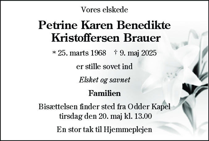 Dødsannonce for Petrine Karen Benedikte Kristoffersen Brauer