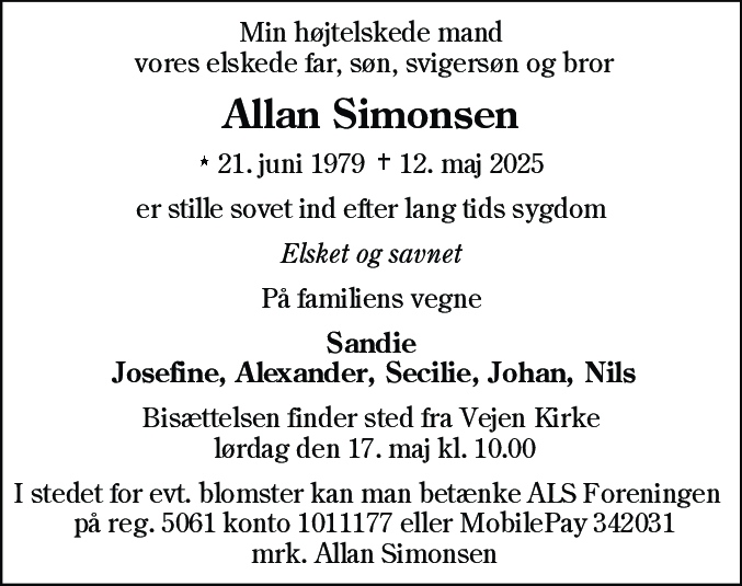 Dødsannonce for Allan Simonsen