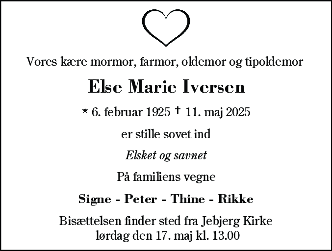 Dødsannonce for Else Marie Iversen