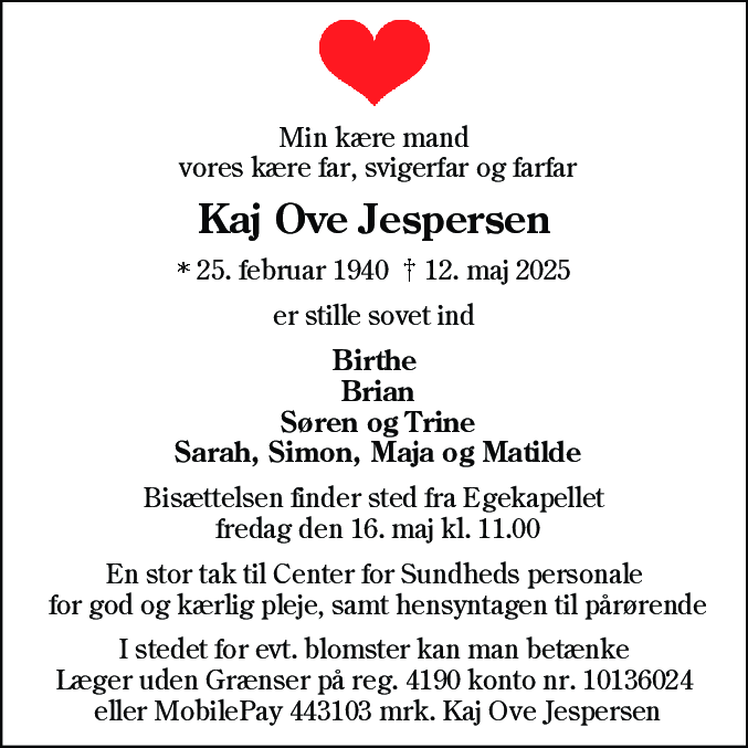 Dødsannonce for Kaj Ove Jespersen