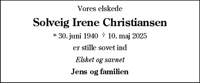 Dødsannonce for Solveig Irene Christiansen