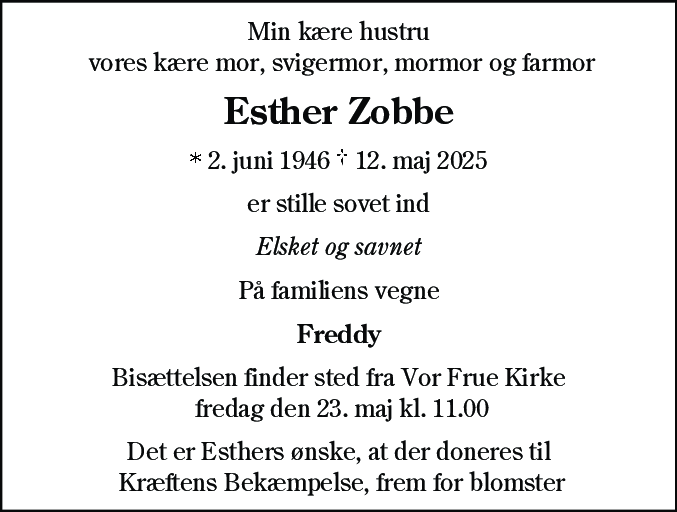 Dødsannonce for Esther Zobbe