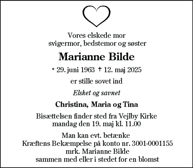 Dødsannonce for Marianne Bilde