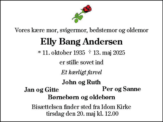 Dødsannonce for Elly Bang Andersen