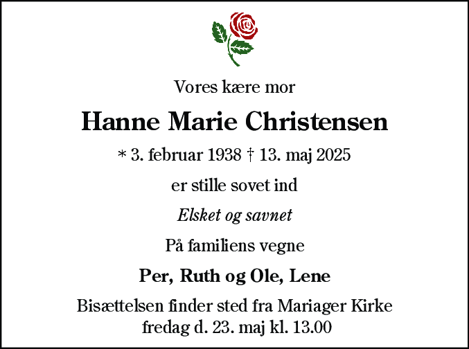 Dødsannonce for Hanne Marie Christensen