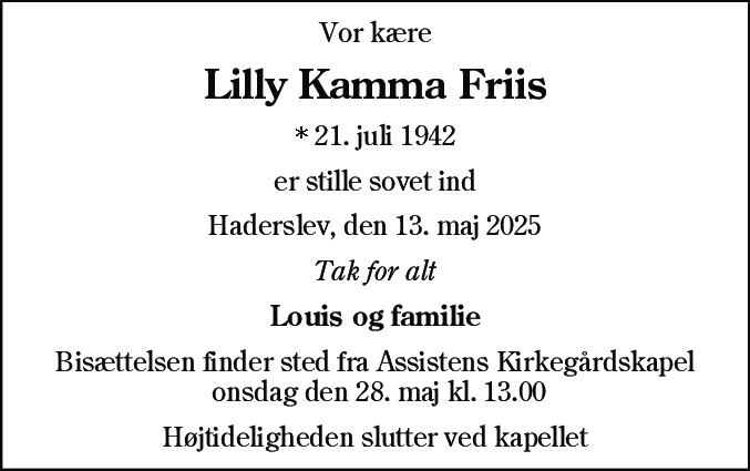 Dødsannonce for Lilly Kamma Friis
