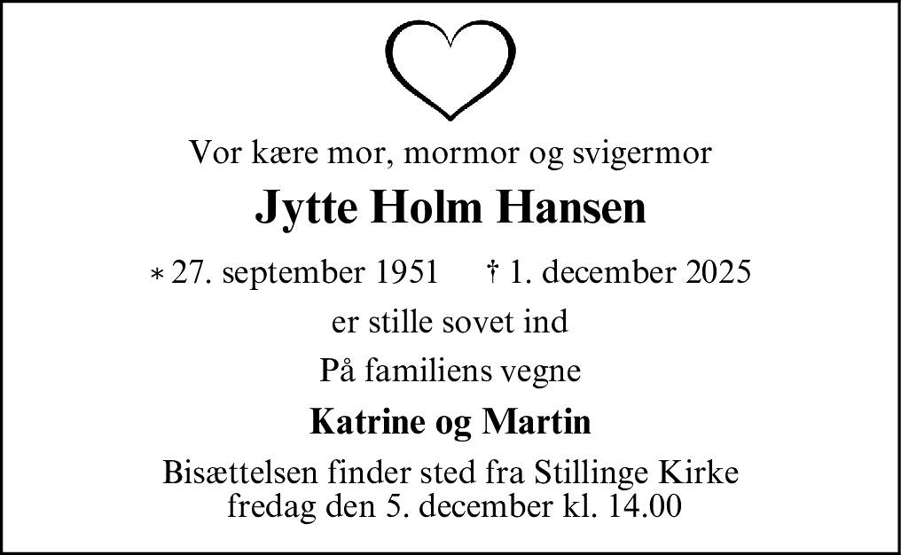 Dødsannonce for Jytte Holm Hansen