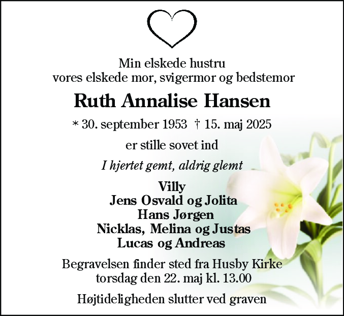Dødsannonce for Ruth Annalise Hansen