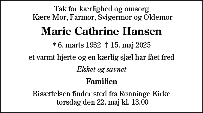 Dødsannonce for Marie Cathrine Hansen