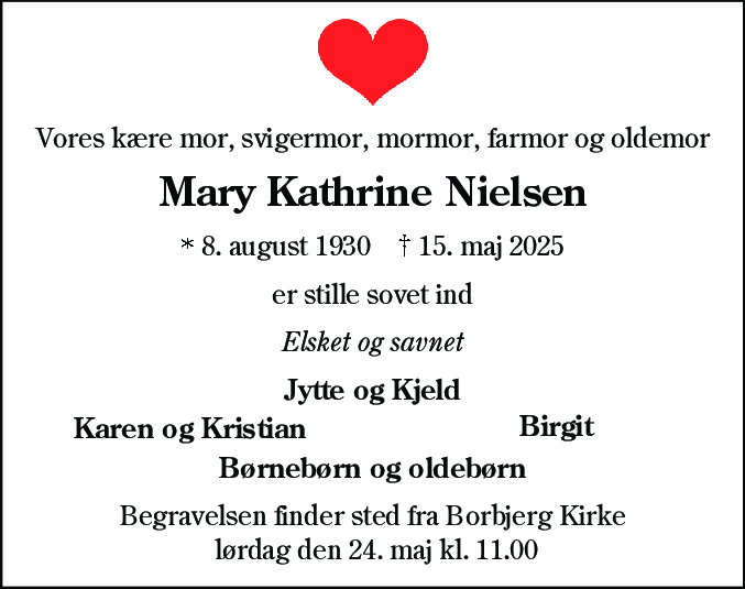 Dødsannonce for Mary Kathrine Nielsen