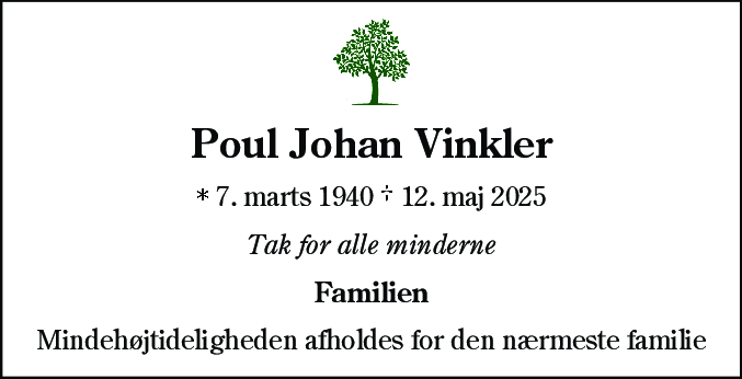 Dødsannonce for Poul Johan Vinkler