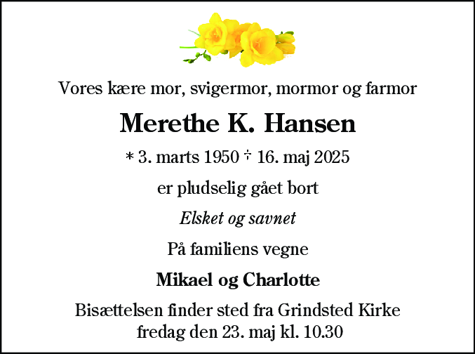 Dødsannonce for Merethe Kærgaard Hansen
