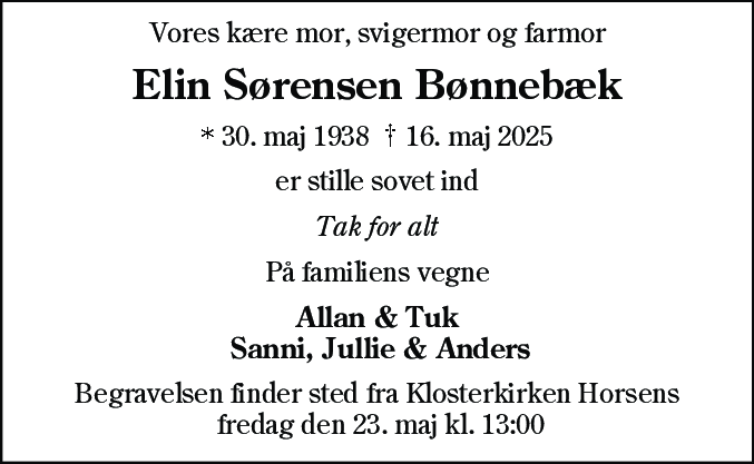 Dødsannonce for Elin Sørensen Bønnebæk