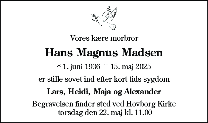Dødsannonce for Hans Magnus Madsen