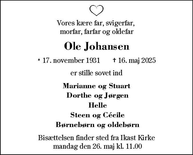 Dødsannonce for Ole Ejner Johansen