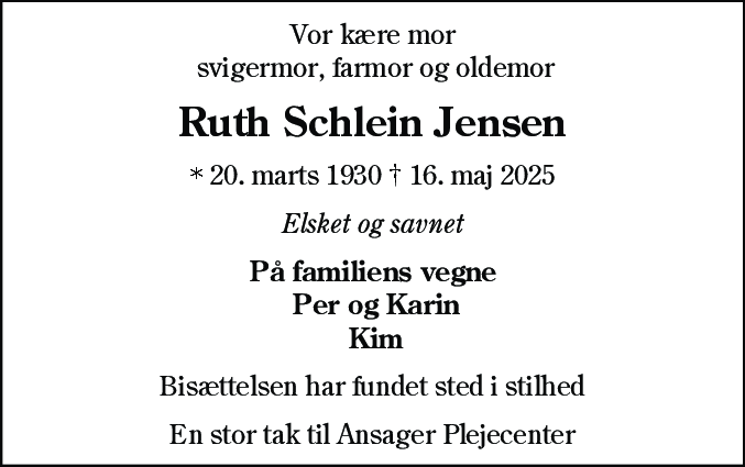 Dødsannonce for Ruth Schlein Jensen