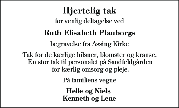 Dødsannonce for Ruth Elisabeth Plauborg