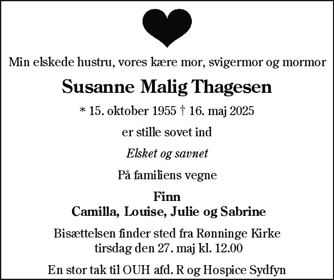 Dødsannonce for Susanne Malig Thagesen