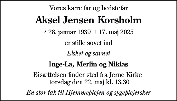 Dødsannonce for Aksel Jensen Korsholm