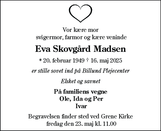 Dødsannonce for Eva Skovgård Madsen