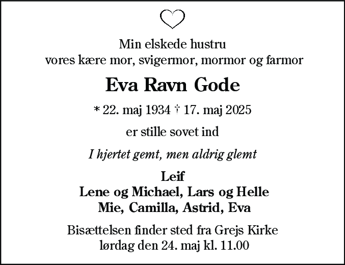Dødsannonce for Eva Ravn Gode