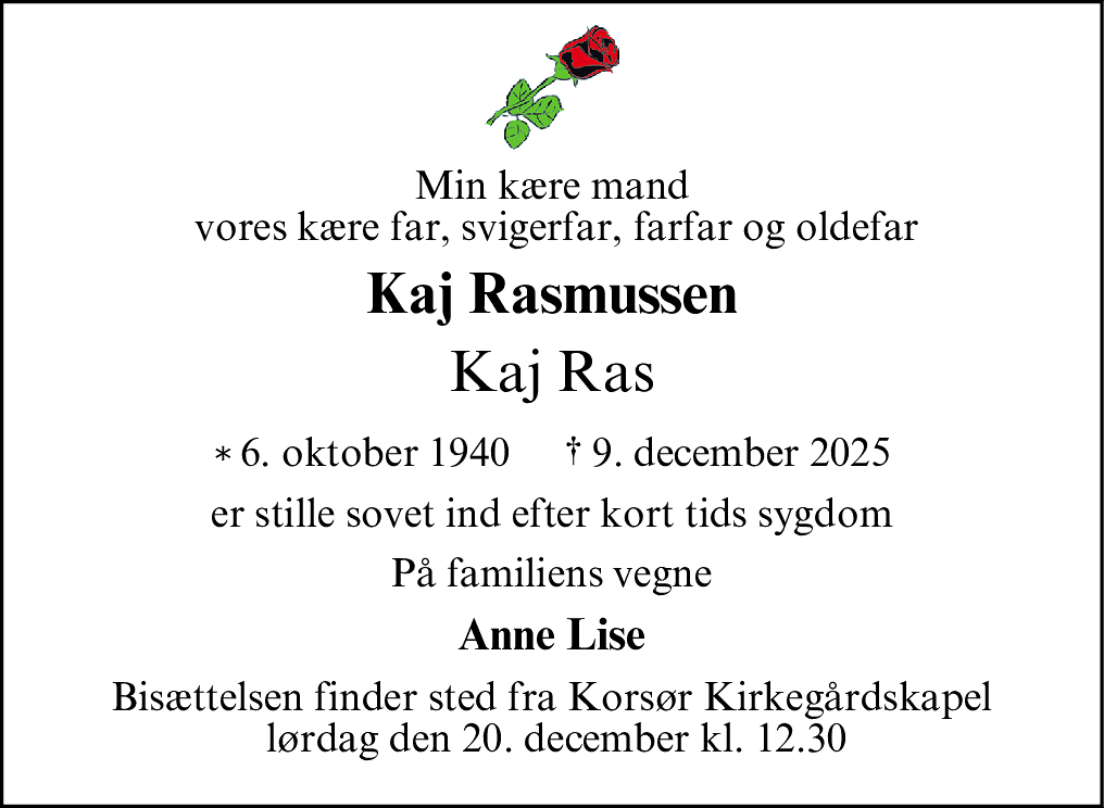 Dødsannonce for Kaj Peder Rasmussen
