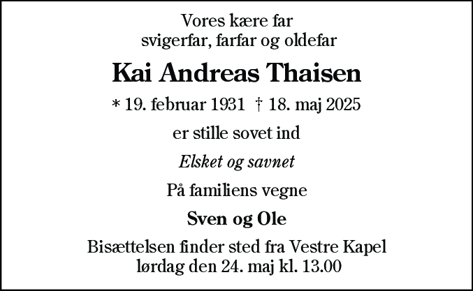 Dødsannonce for Kai Andreas Thaisen