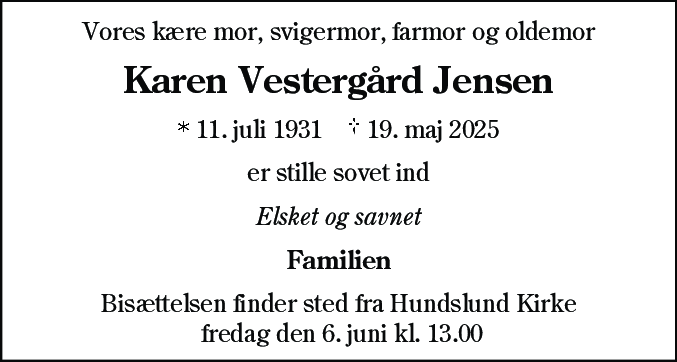 Dødsannonce for Karen Vestergård Jensen