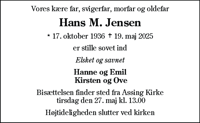 Dødsannonce for Hans Marinus Jensen