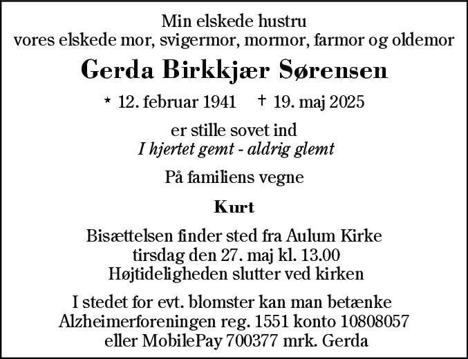 Dødsannonce for Gerda Birkkjær Sørensen